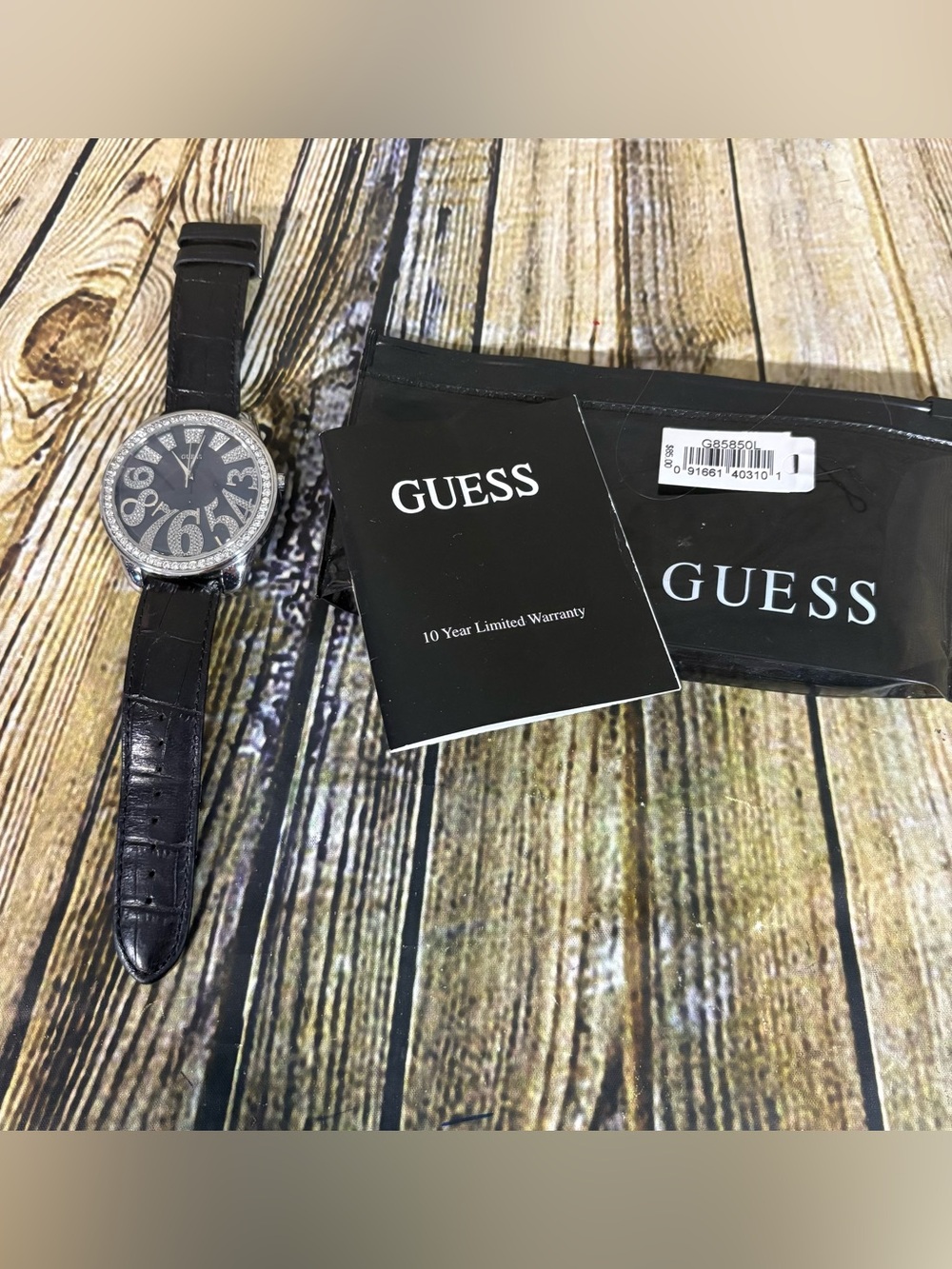 GUESS Women’s Wristwatch Black Leather Band Rhinestones Water Resistant